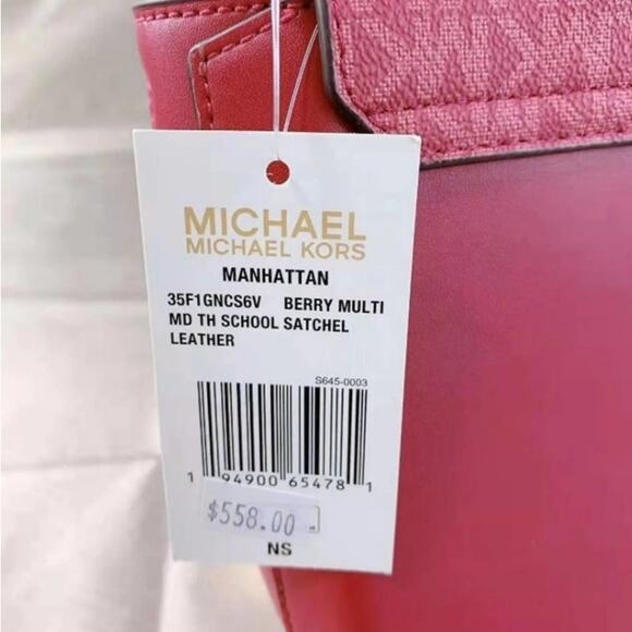Michael Kors 35F1GNCS6V Manhattan Medium Leather and Logo Satchel in Berry Multi - Picture 7 of 7